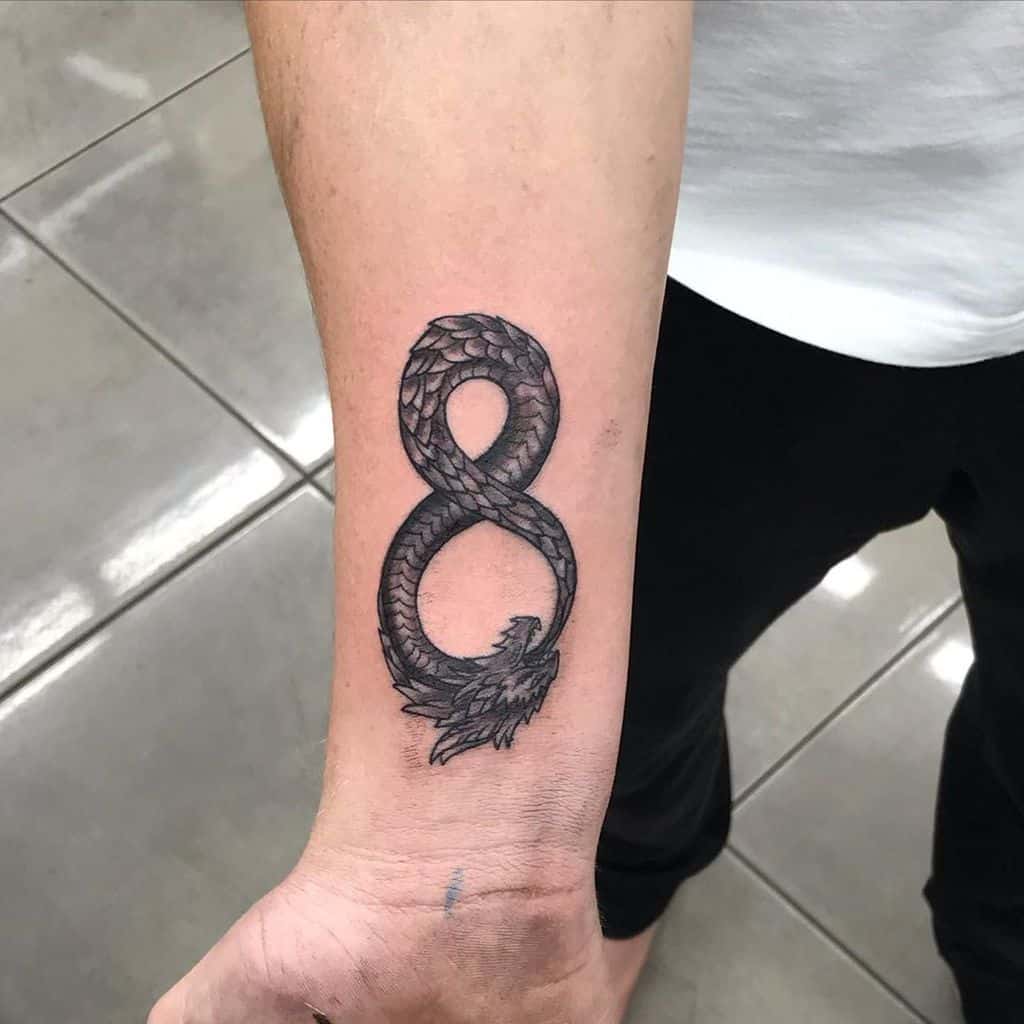 Snake tattoo forming an infinity symbol on a wrist