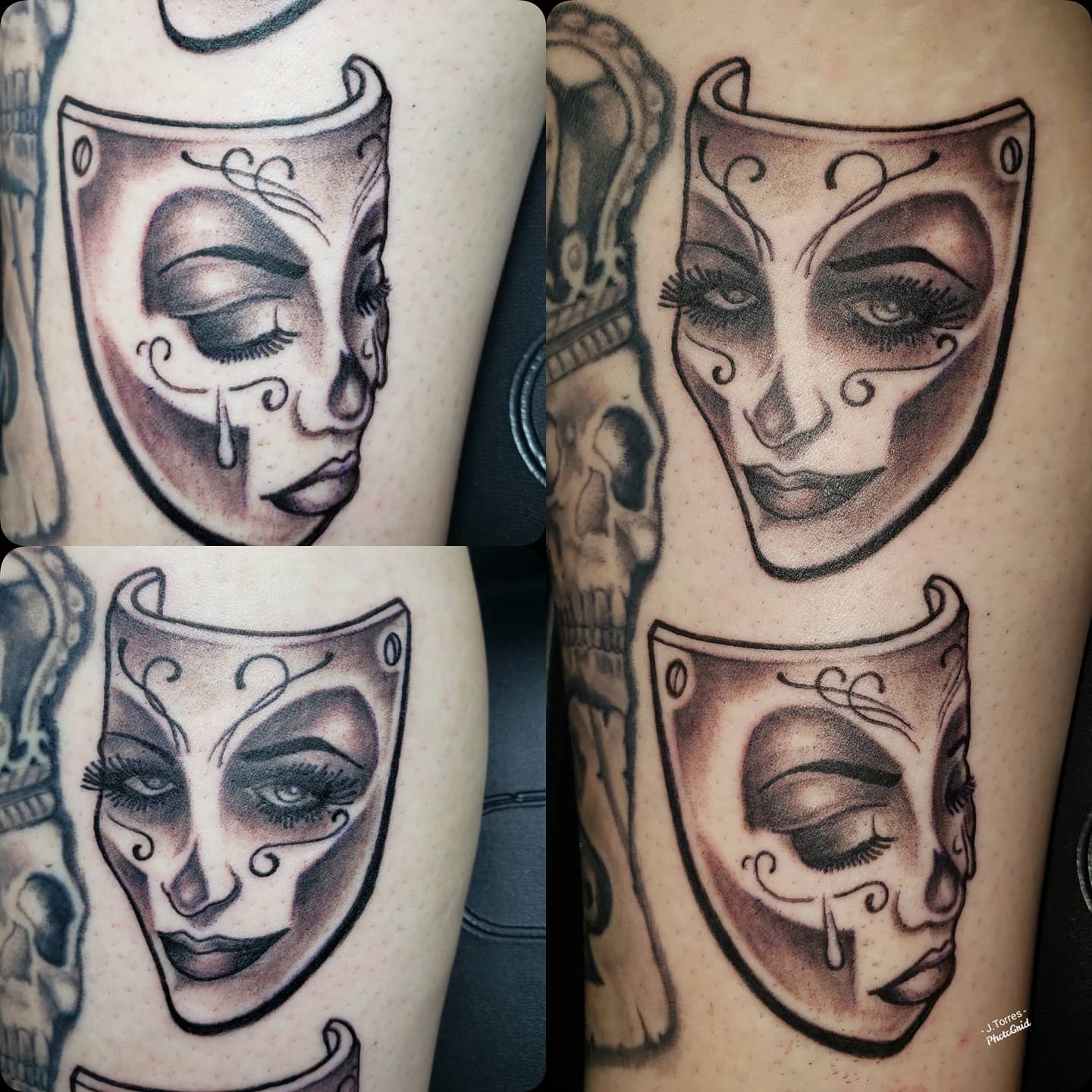 A tattoo depicting two theatrical masks, one with a joyful expression and the other displaying sadness, adorned with elaborate shading and intricate details