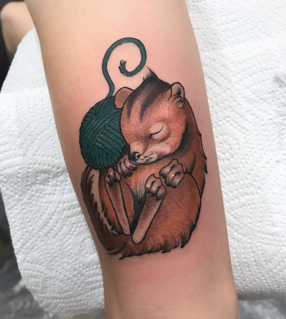 Tattoo of a curled-up ferret holding yarn