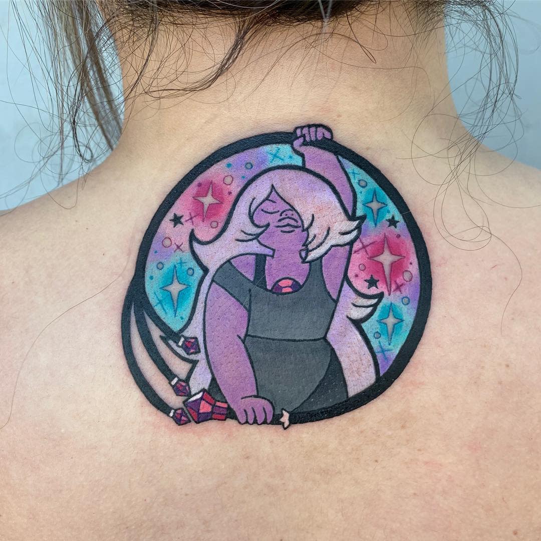 Colorful tattoo of Amethyst from Steven Universe holding her whip, set against a cosmic background with stars, on the upper back