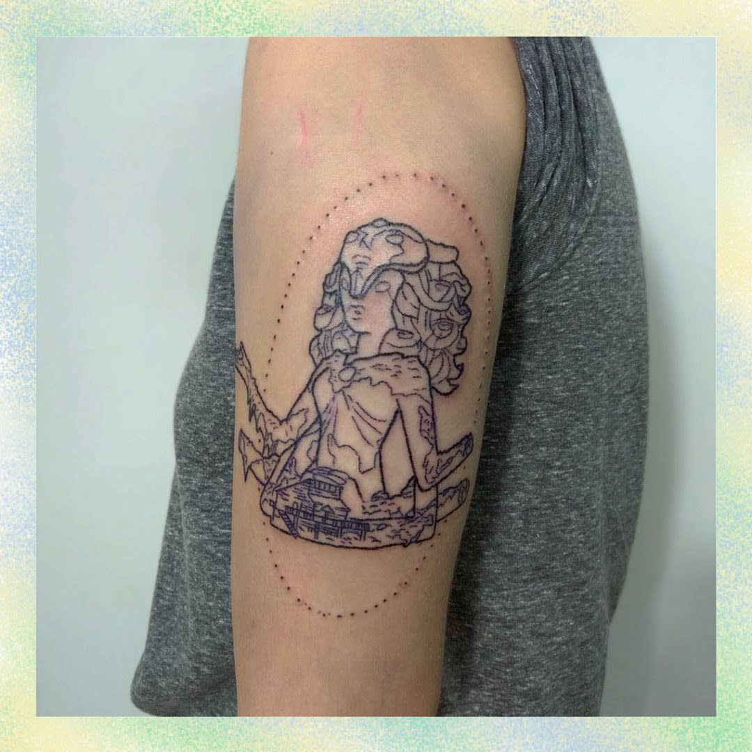 Outline tattoo of the Crystal Temple from Steven Universe, with a detailed depiction of the fusion statue, on the upper arm