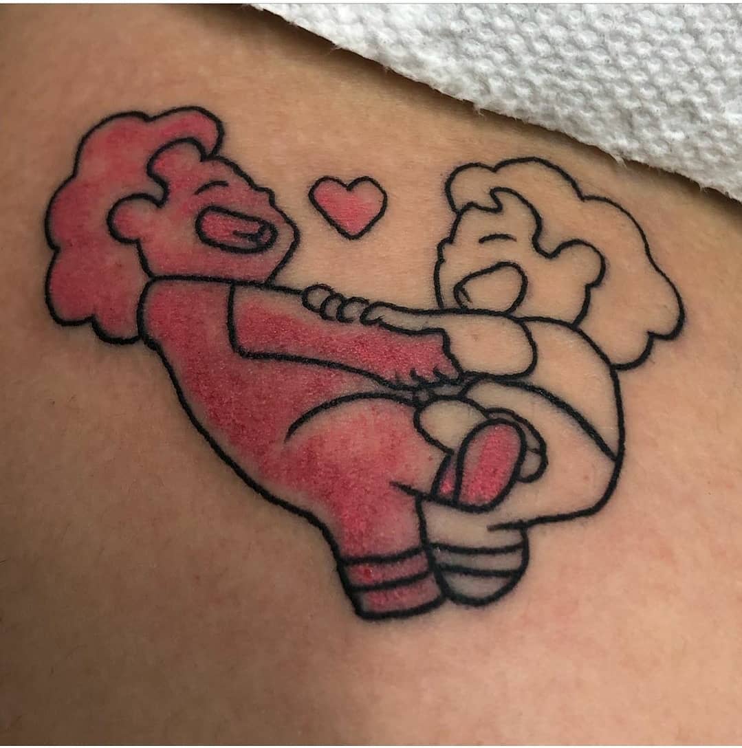 Simple tattoo of Ruby and Sapphire from Steven Universe holding hands with a heart above them
