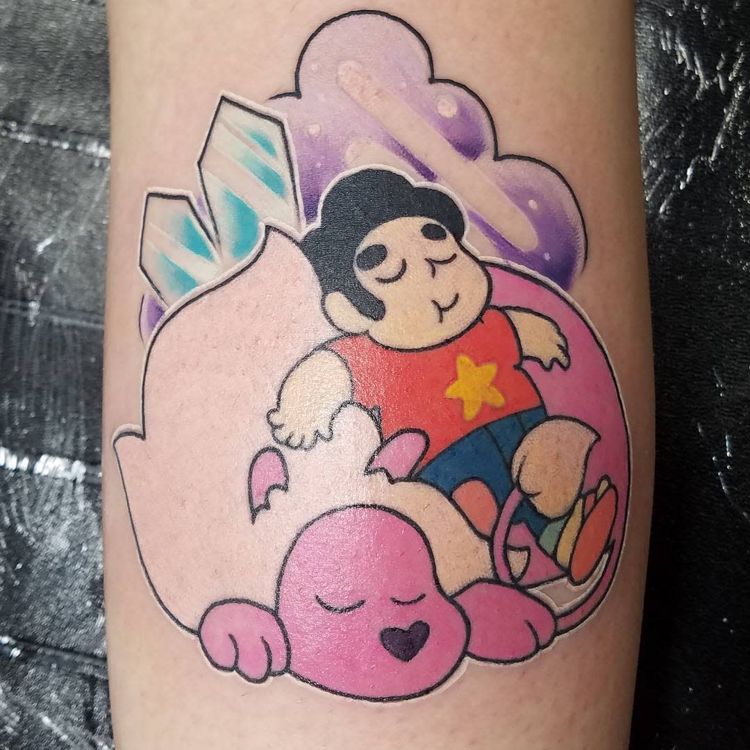 Steven Universe peacefully sleeping on Lion with a dreamy background and soft colors