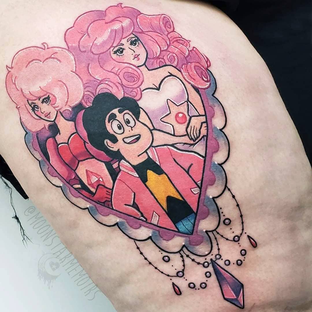 A vibrant tattoo featuring Steven Universe alongside Pink Diamond and Rose Quartz, framed in a detailed, ornate design
