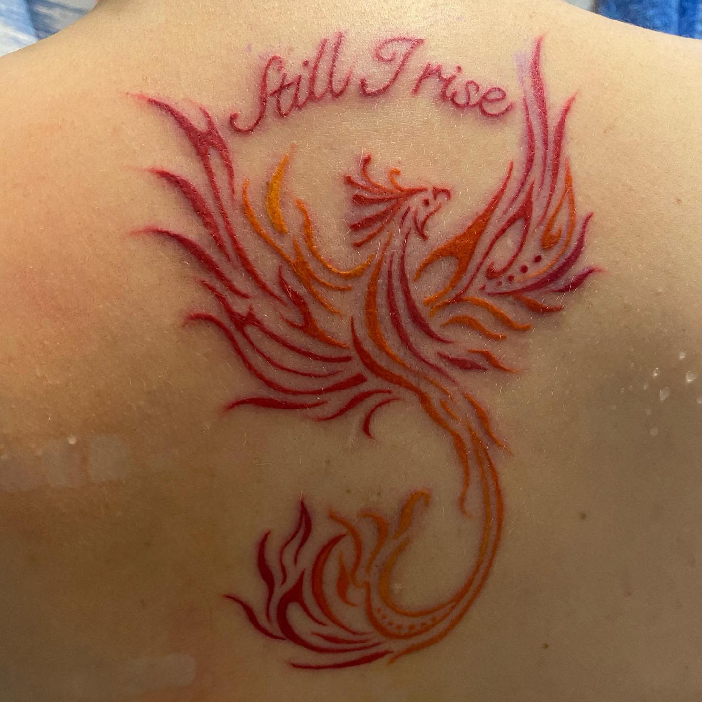 A back tattoo of a phoenix with the words "Still I rise" above it in red ink