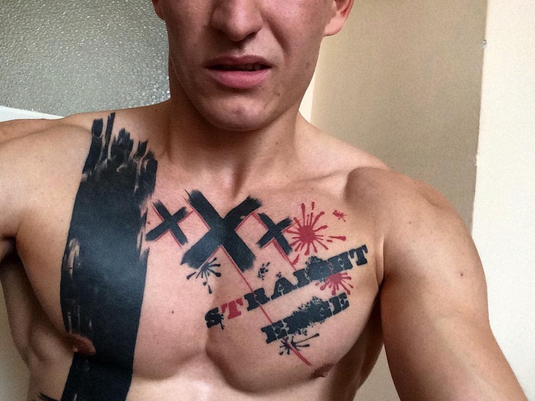 Bold tattoo featuring large 'XXX' symbols, red paint splatters, and the words 'STRAIGHT EDGE'