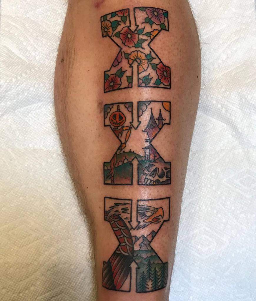 Three stacked 'X' symbols, each filled with unique scenes: floral patterns, a Halloween landscape, and an eagle over mountains and trees