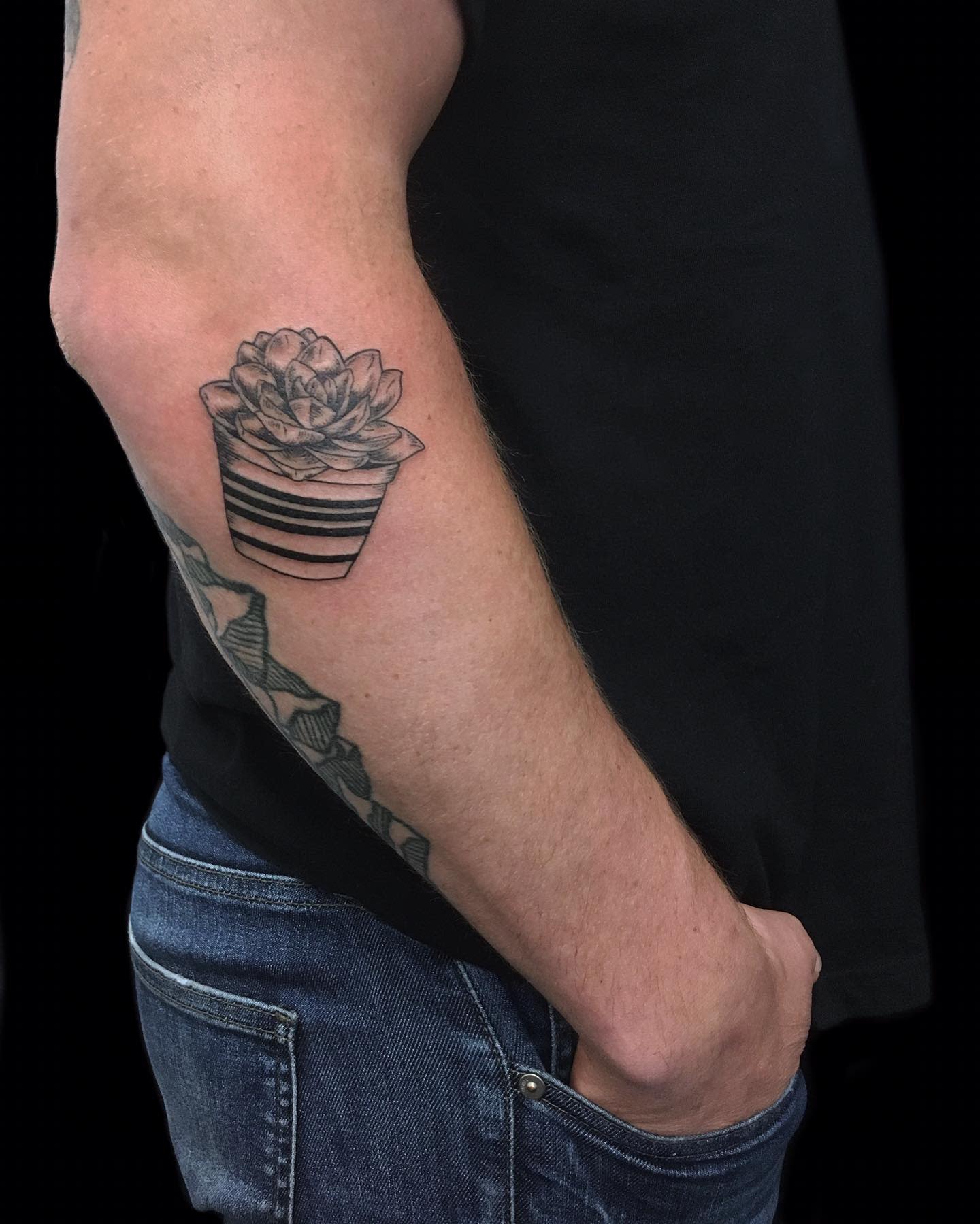 Side view of an arm with a succulent plant tattoo in a striped pot