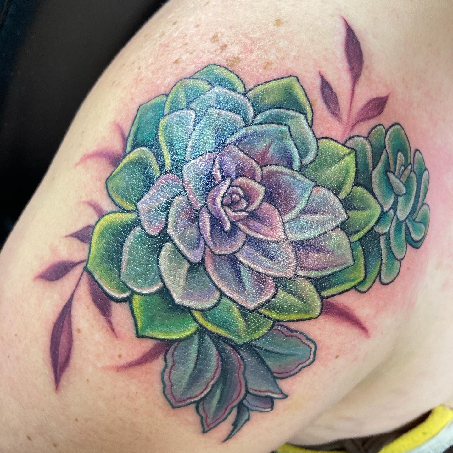 Tattoo of colorful succulents with green and purple hues on an upper arm