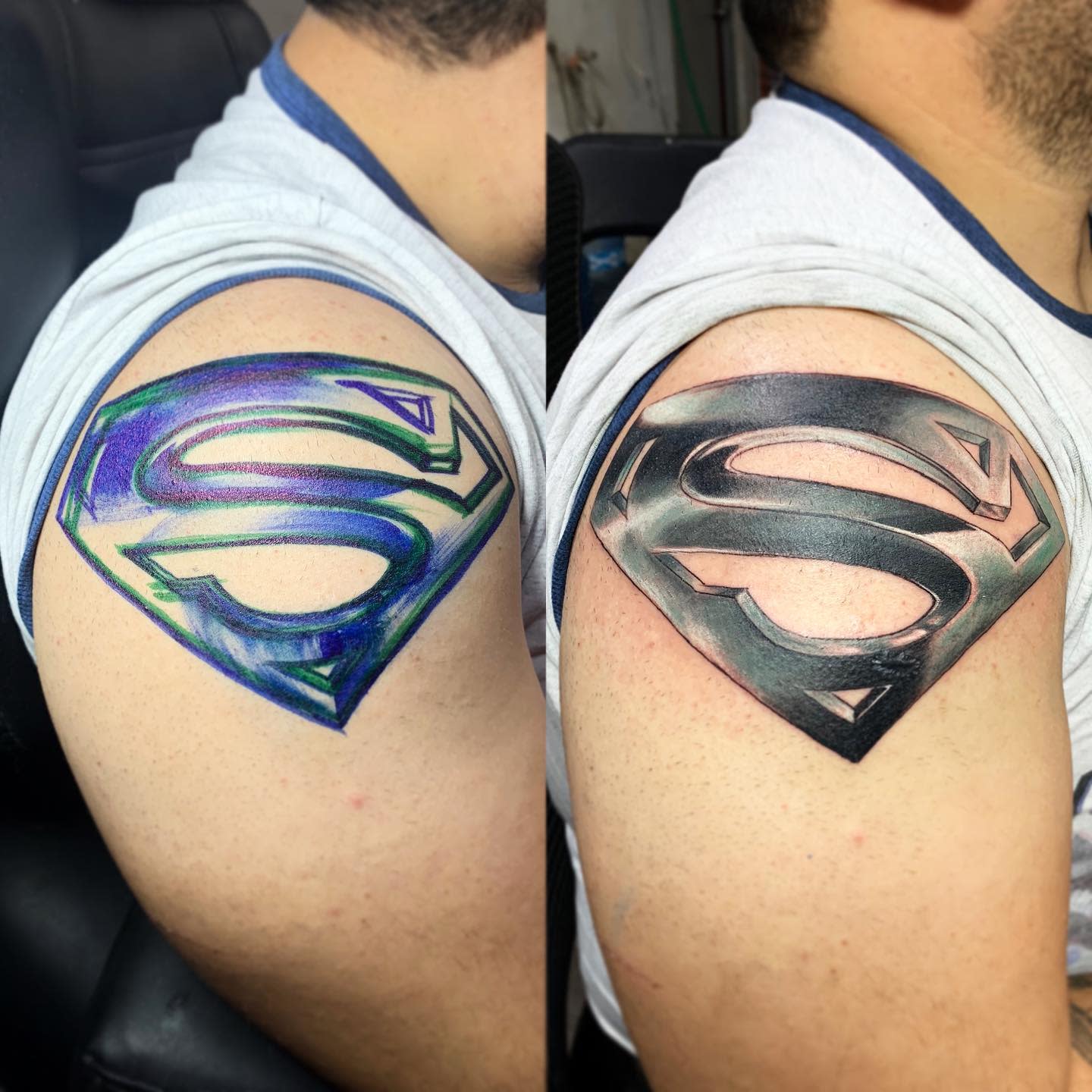 Side-by-side tattoos of Superman logo on man's upper arm, one colorful and one black and grey