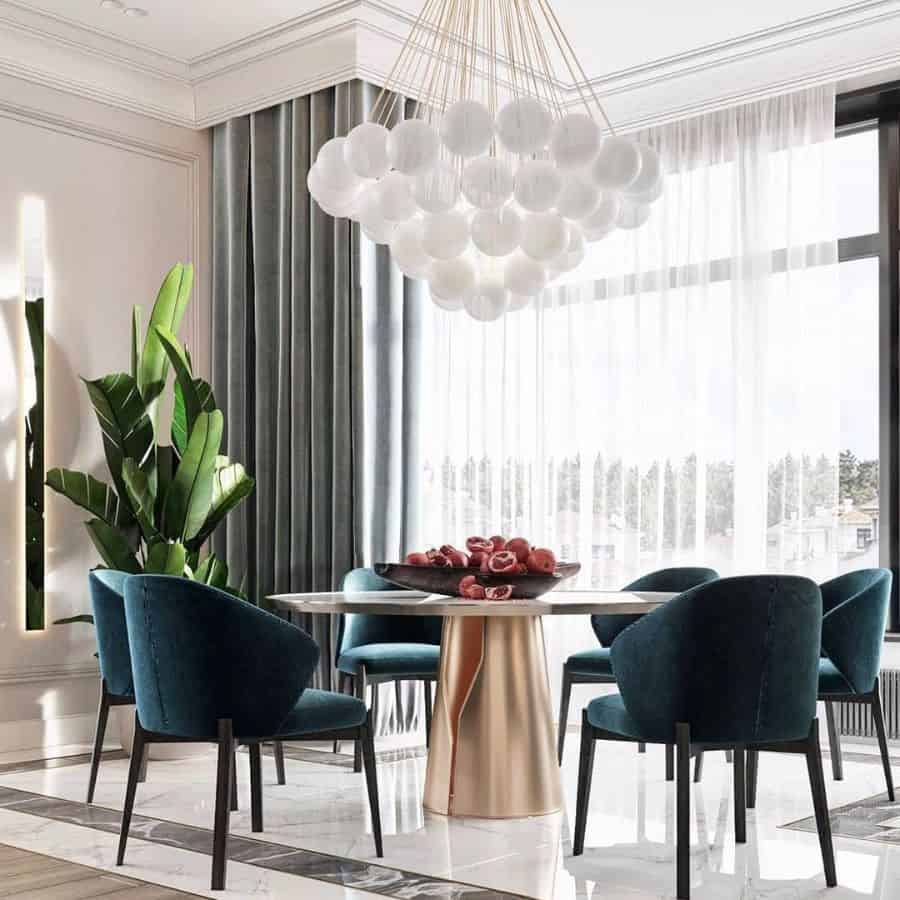 abstract chandelier modern bronze table and chairs marble tile floor 