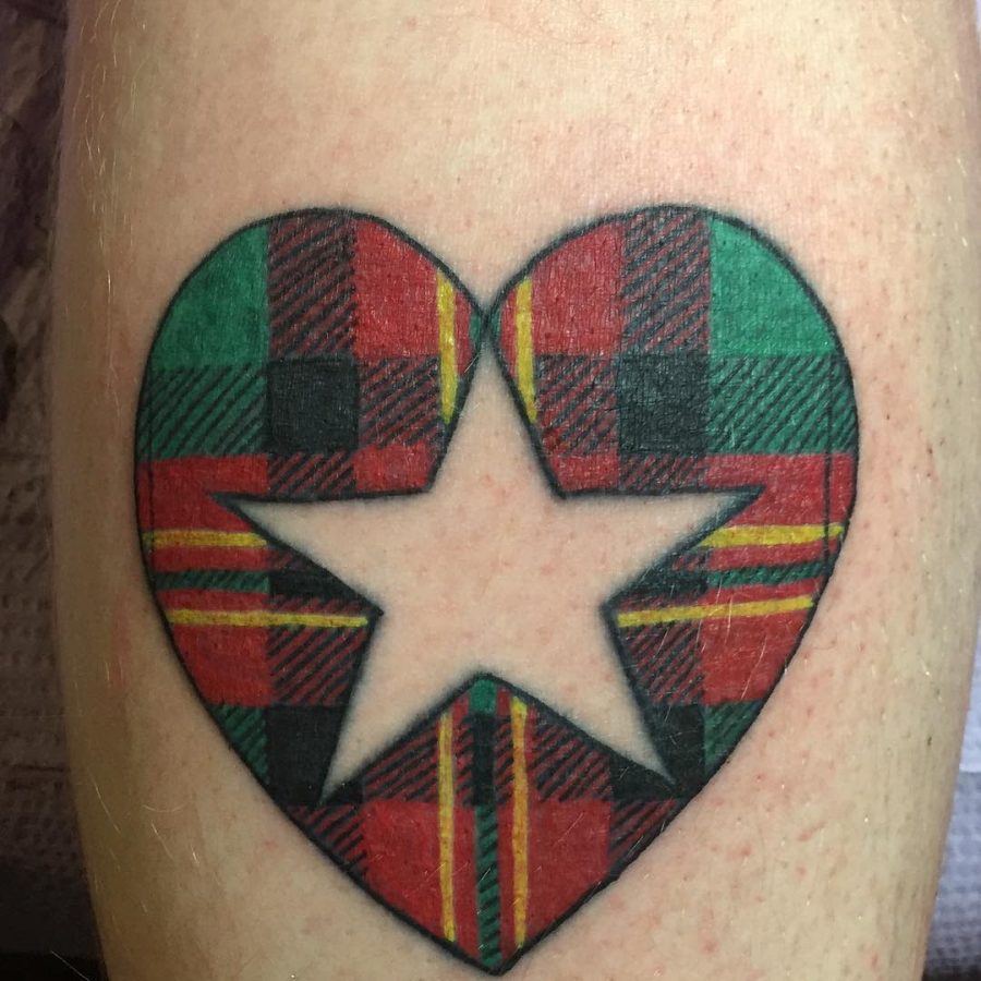 Heart-shaped tartan pattern tattoo with a star cutout in the center