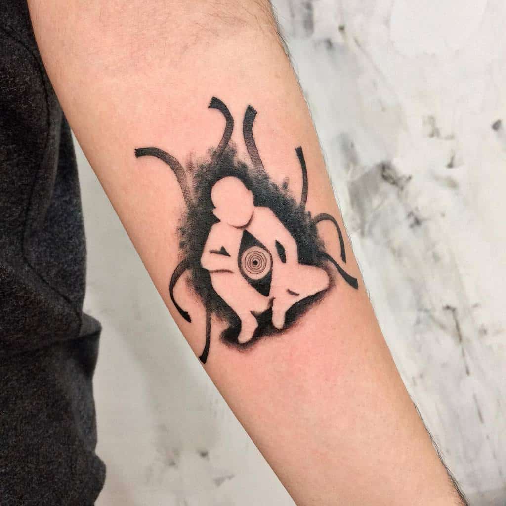 Fullmetal Alchemist tattoo of the Truth entity, depicted as a dark silhouette with tendrils, a swirling eye at its core, and a shadowy aura