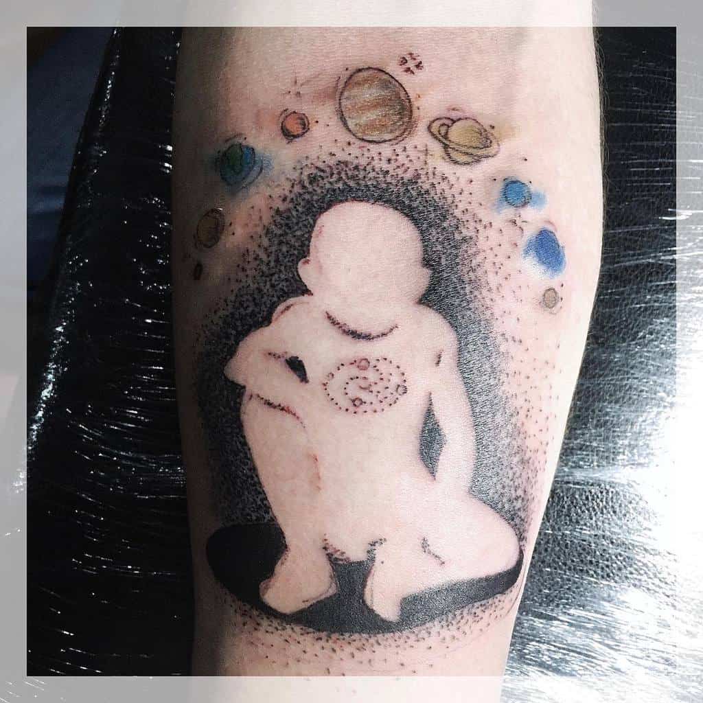 Fullmetal Alchemist tattoo of the Truth entity, surrounded by a cosmic design with planets and stars, featuring a dotwork shading effect