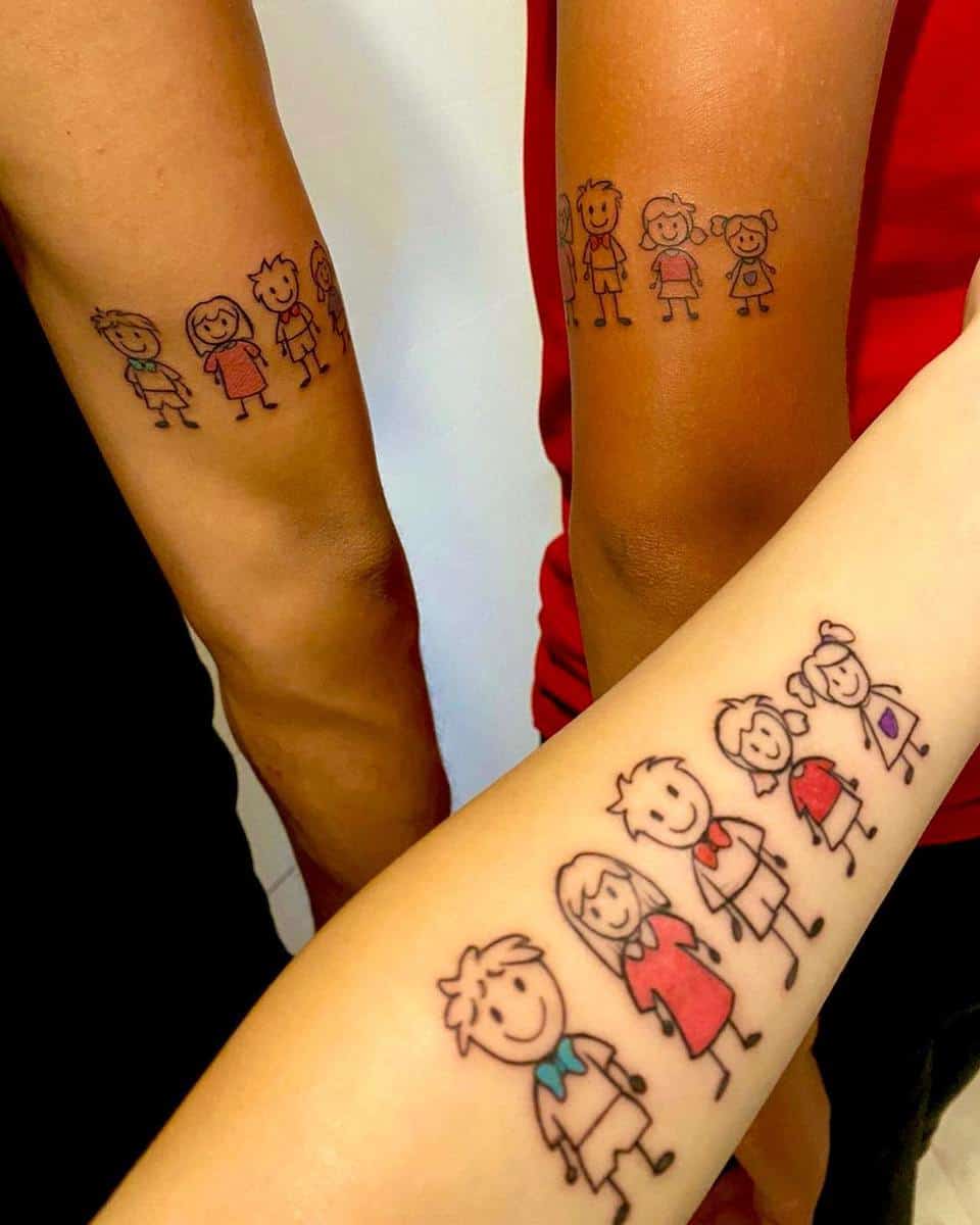 Matching family stick figure tattoos on three arms