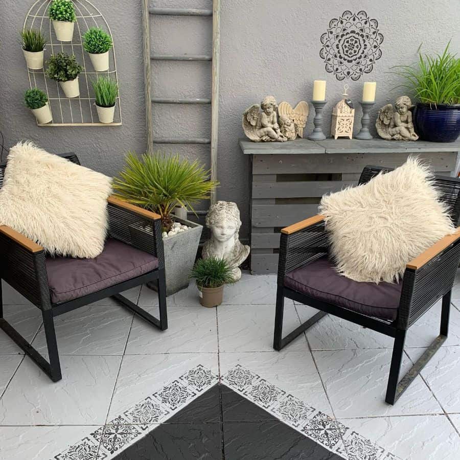 white tile patio paver with black seats