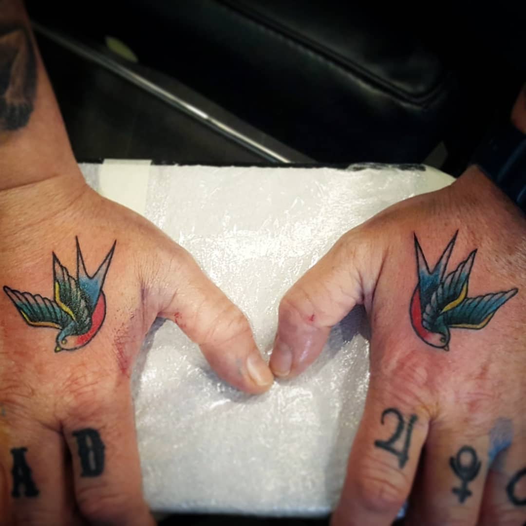 Two hands with colorful swallow tattoos on the thumbs and various other small tattoos on the fingers