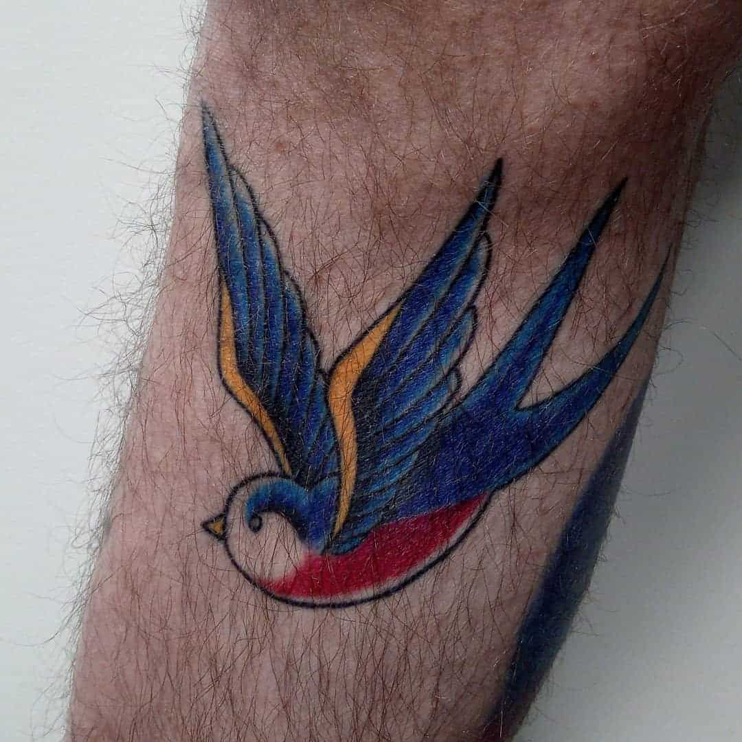 A colorful tattoo of a bird with blue wings, a yellow accent, and a red belly on a forearm