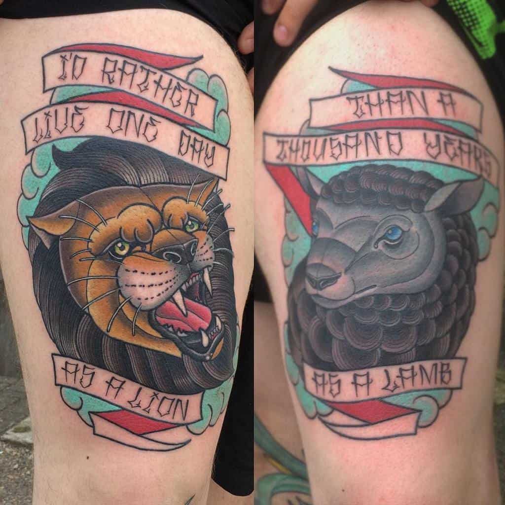 Two thigh tattoos: a majestic lion with "live one day as a lion" and a gentle lamb with "a thousand years as a lamb