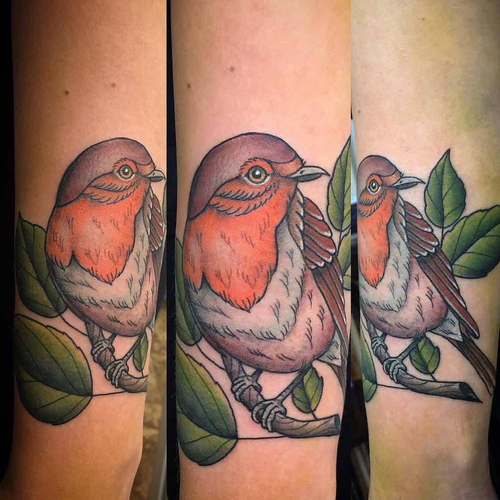 Tattoo of a colorful robin perched on a branch with green leaves, shown from three different angles