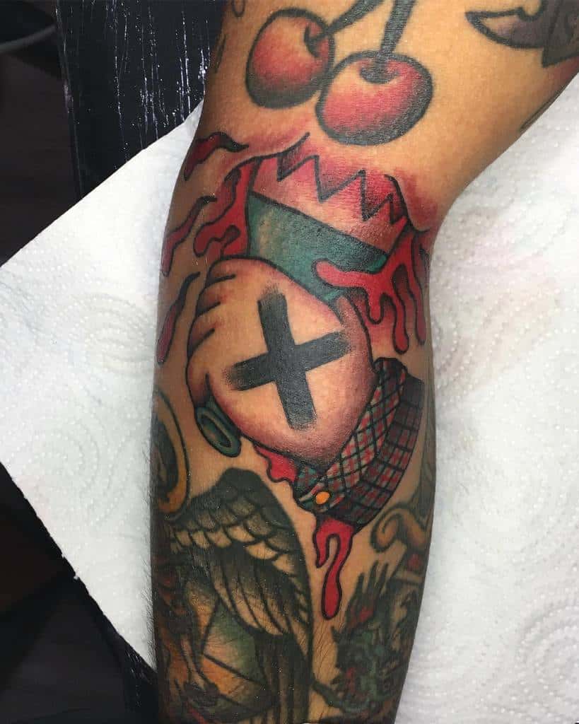Straight edge tattoo of broken half bottle holds by a crossed-out hand with flowing blood, with cherries and bird tattoo visible