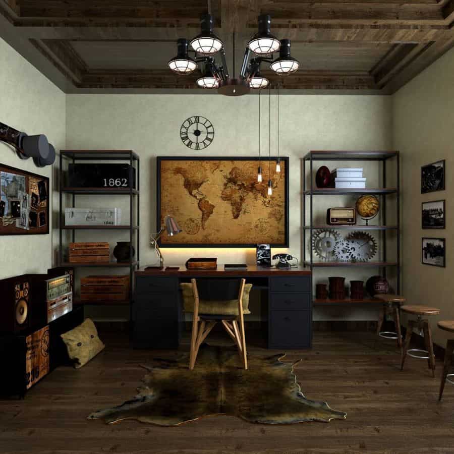 vintage home study room with wold map on the wall