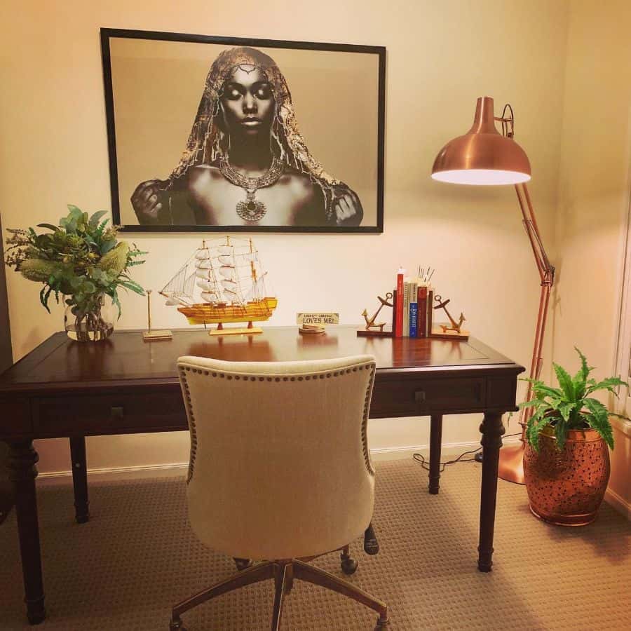 small home office with brown desk