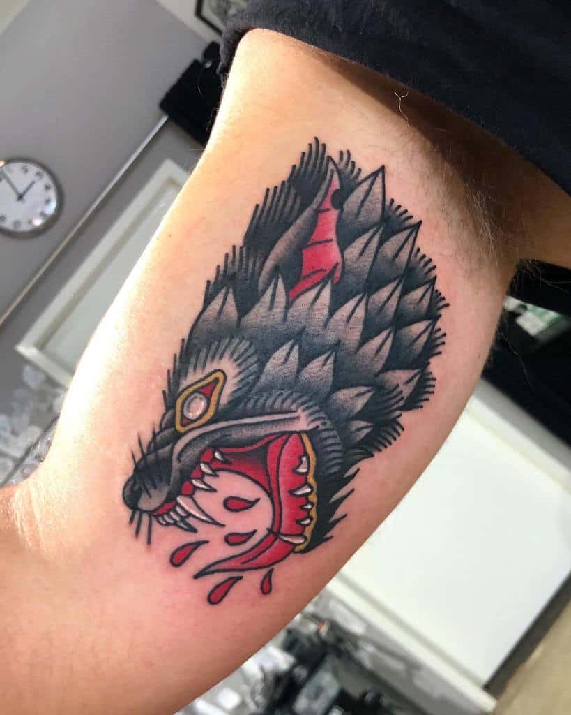 Traditional Wolf Upperam Tattoo mr_flowerhand