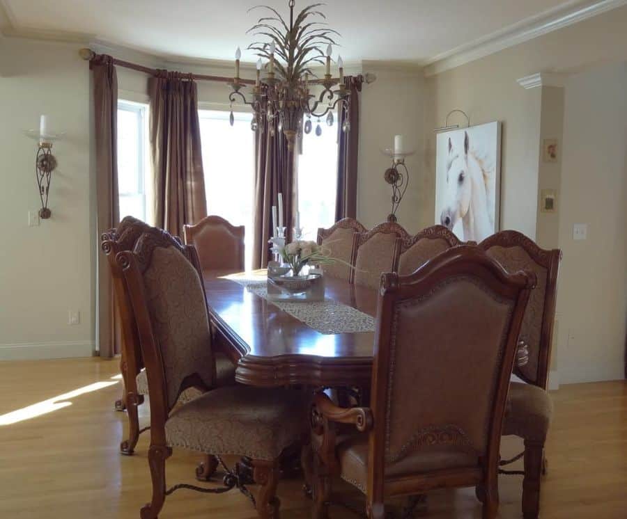 traditional dining room chandelier rustic dining table and chairs horse canvas art