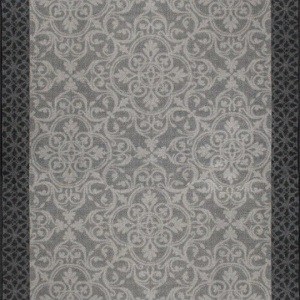 Gray stair runner with intricate floral patterns and a dark geometric border design.