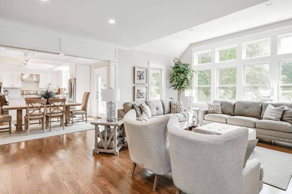 large open transitional dining room kitchen and living room