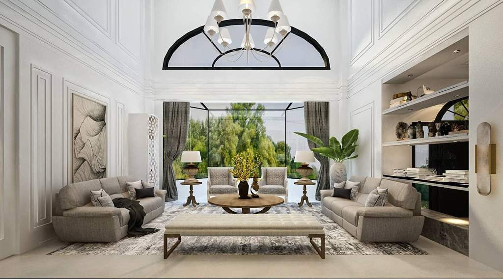 large elegant living room with vaulted ceiling