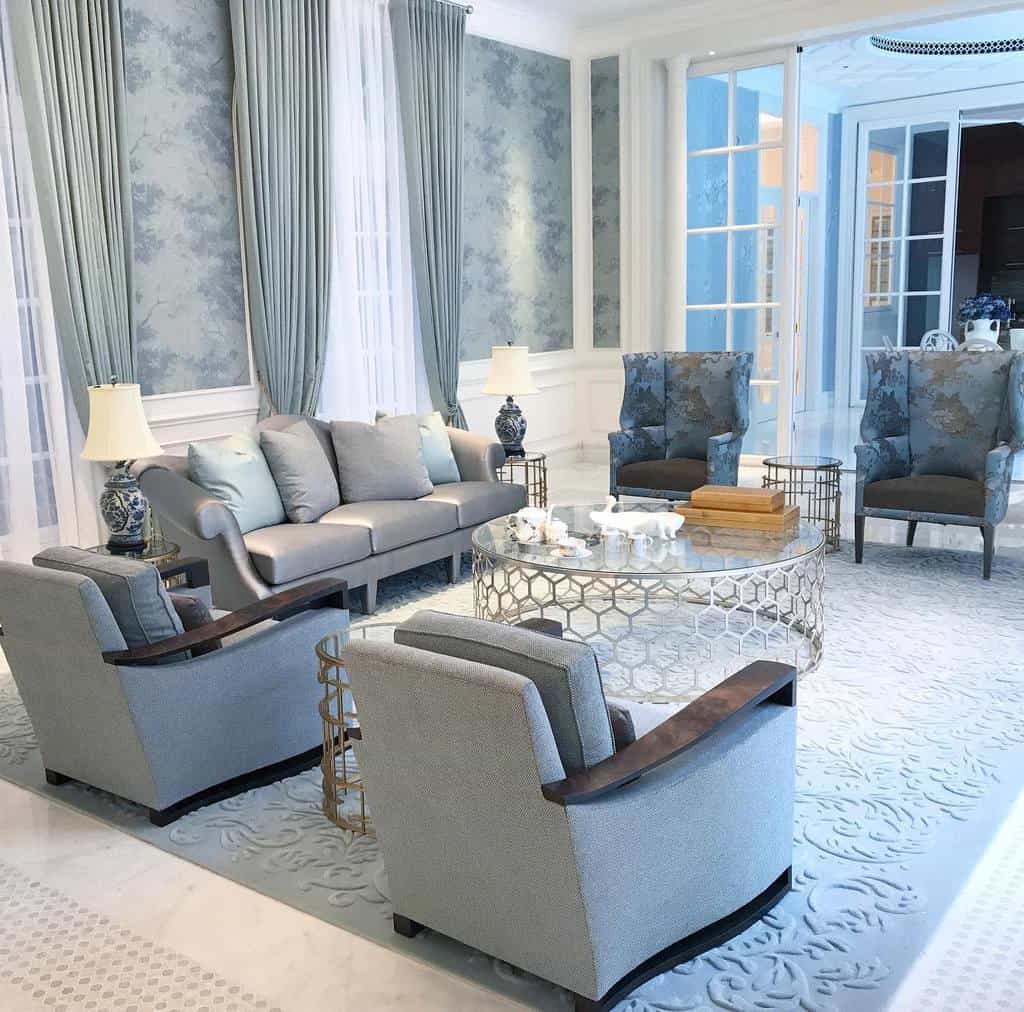 elegant living room with gray sofas and chairs
