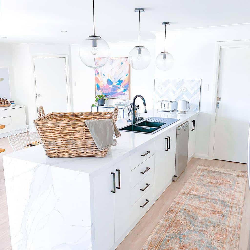 modern white cabinet kitchen with pattern floor rug