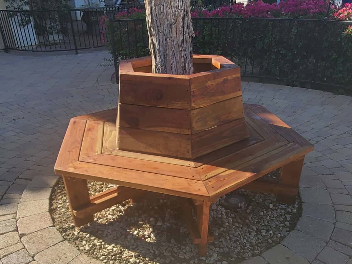 hexagonal wood tree garden bench