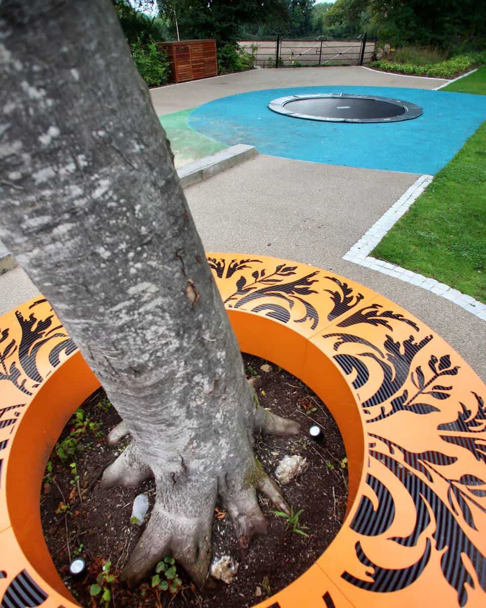 colorful pattern tree bench