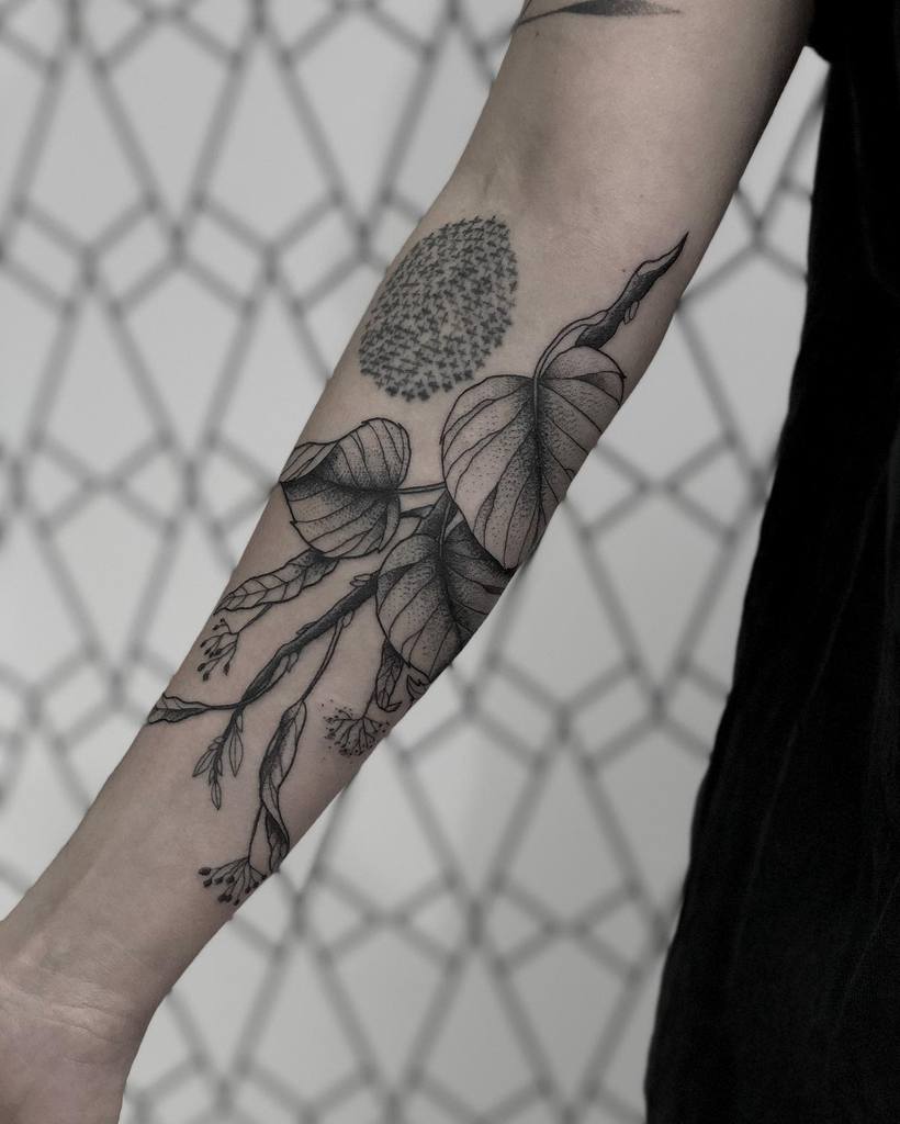 Forearm tattoo of detailed leaves and twigs intertwined with a branch