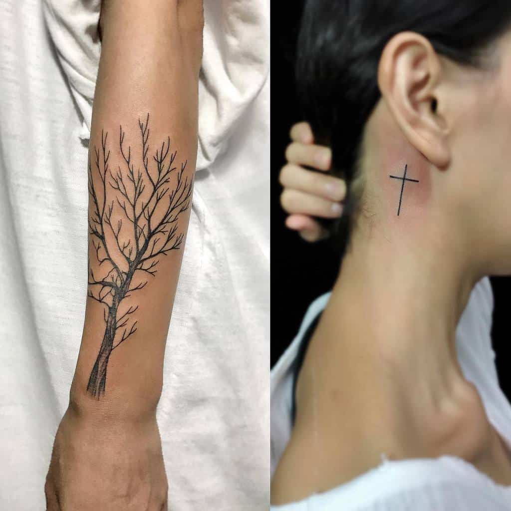 Arm with a tree tattoo, its branches detailed intricately