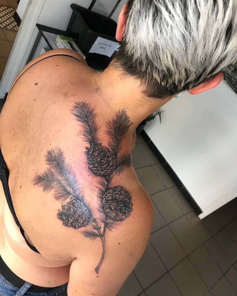 Tattoo of a pine branch with detailed pinecones and needles, extending across the upper back and shoulder in black ink