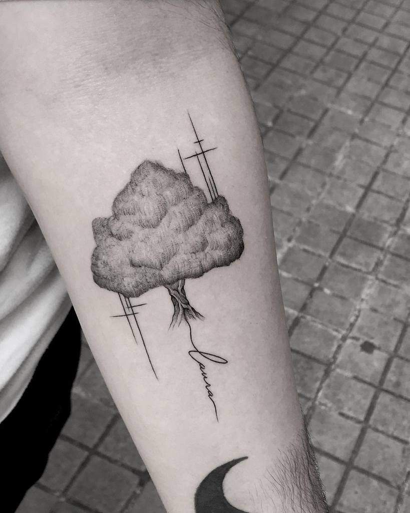 Minimalist black and grey tattoo of a floating tree with fine line details, geometric accents, and a name integrated into the roots, symbolizing growth and personal connection.