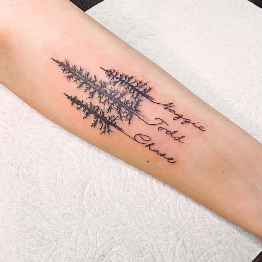 Forearm tattoo of three trees with the names "Maggie," "Todd," and "Chase" integrated into the roots