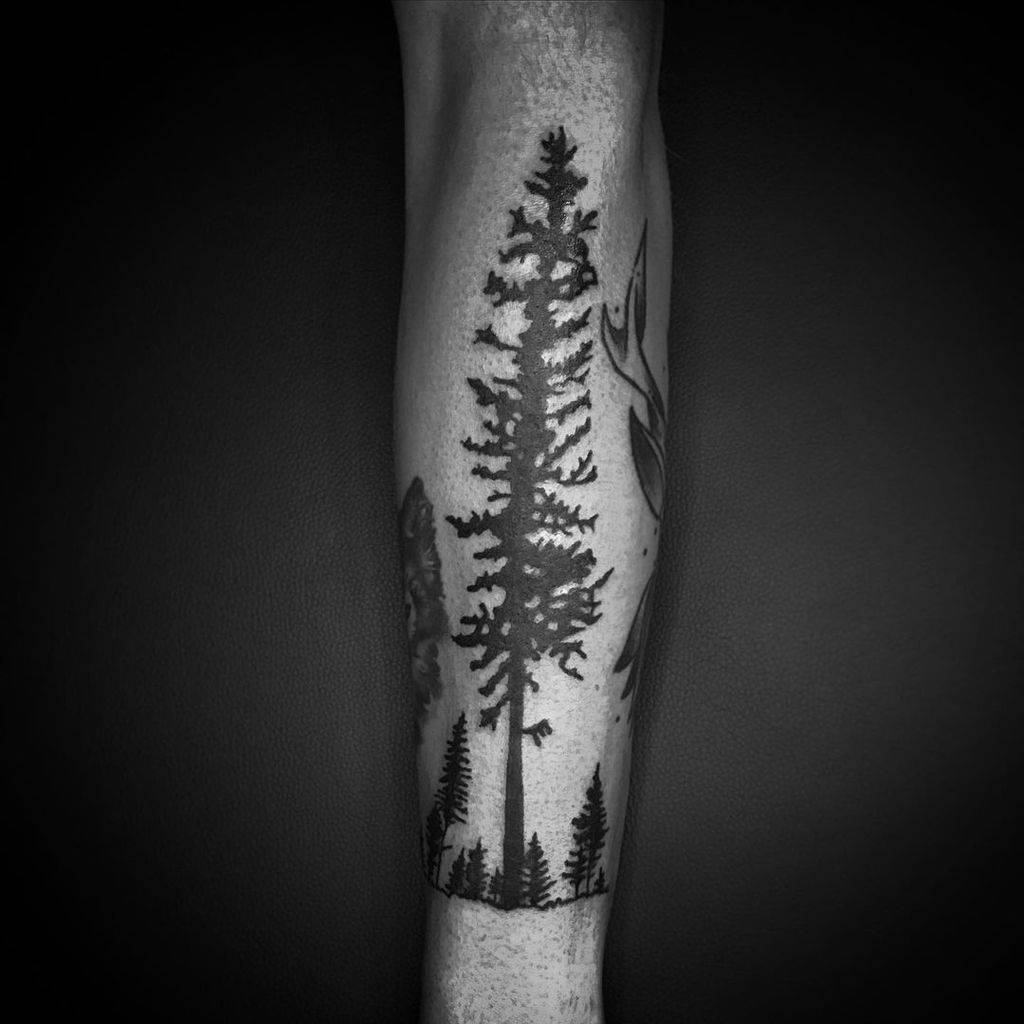 Tattoo of a tall pine tree with smaller trees silhouetted at its base on a lower leg