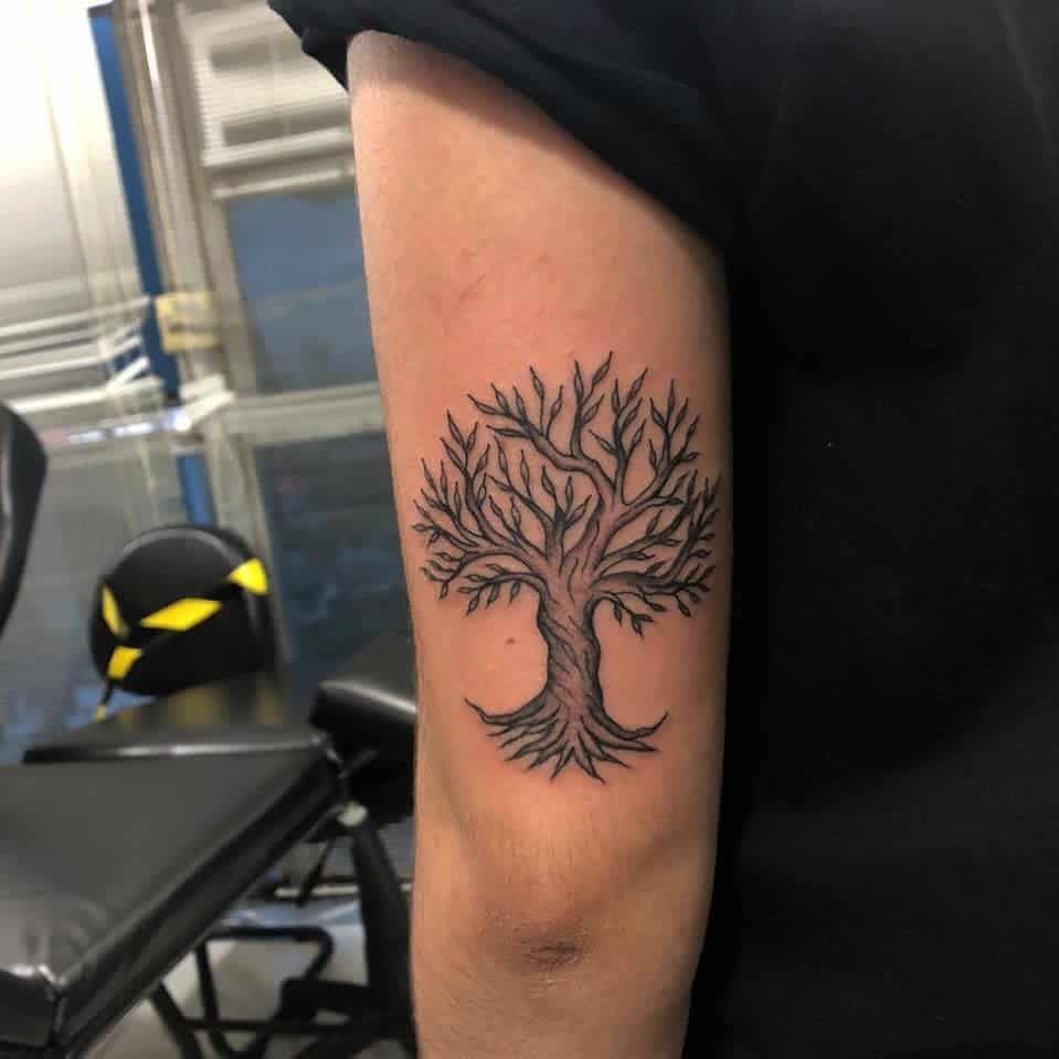 Tattoo of a leafless tree on the upper arm