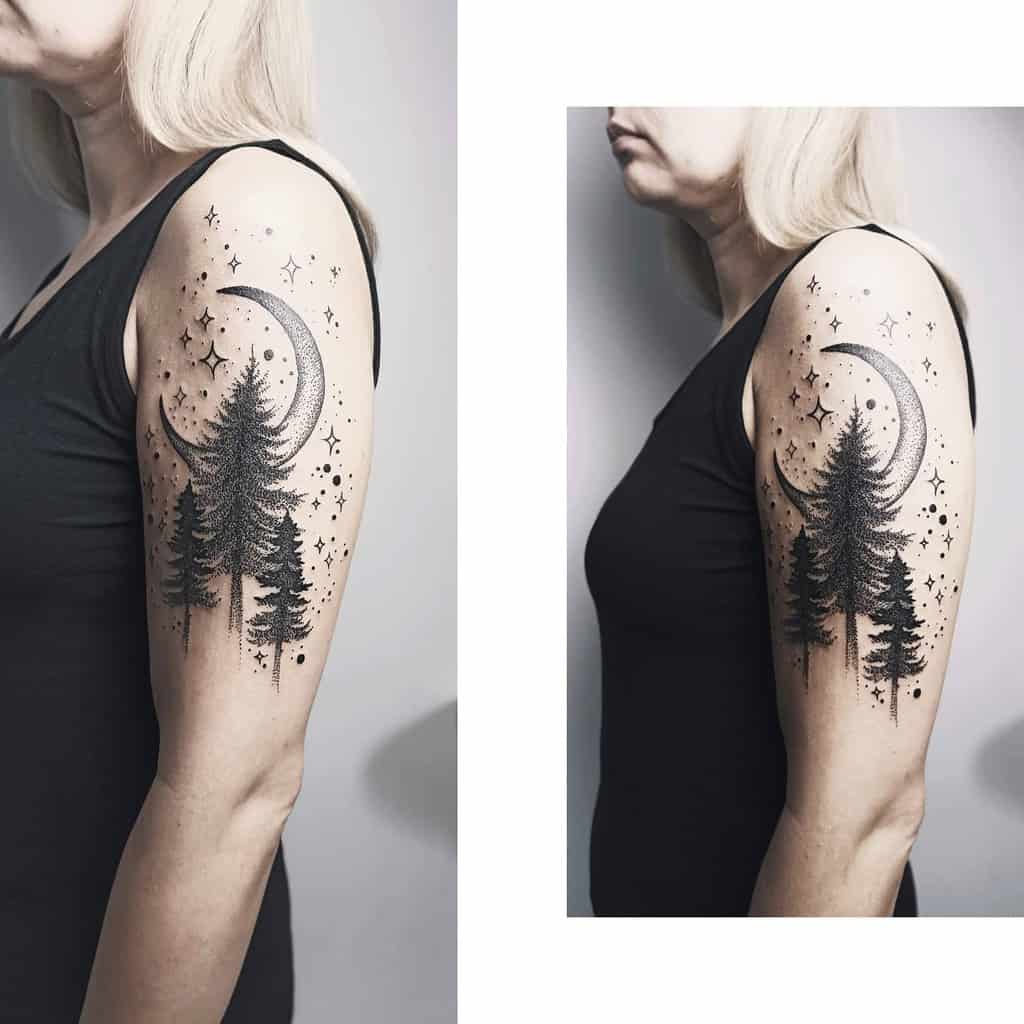Woman with a moon and forest tattoo on her upper arm