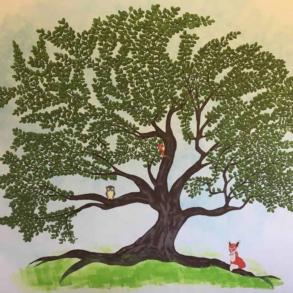 large tree wall mural with owl fox and squirrel