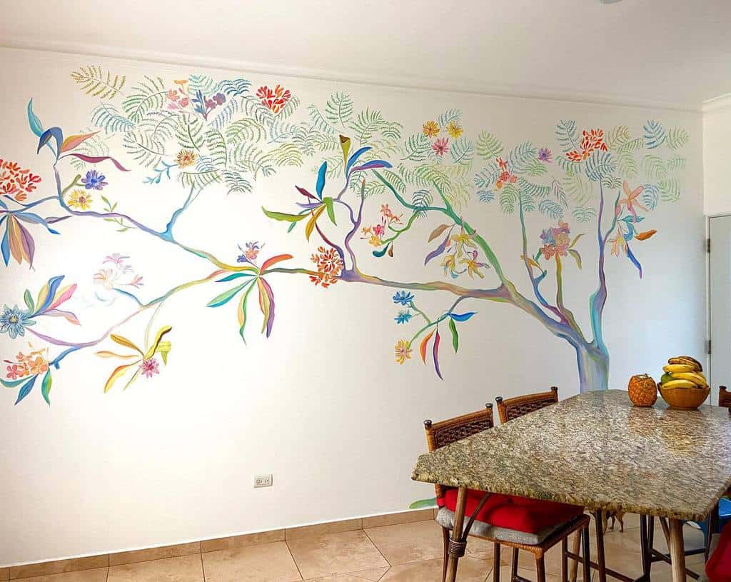 colorful tree mural living room
