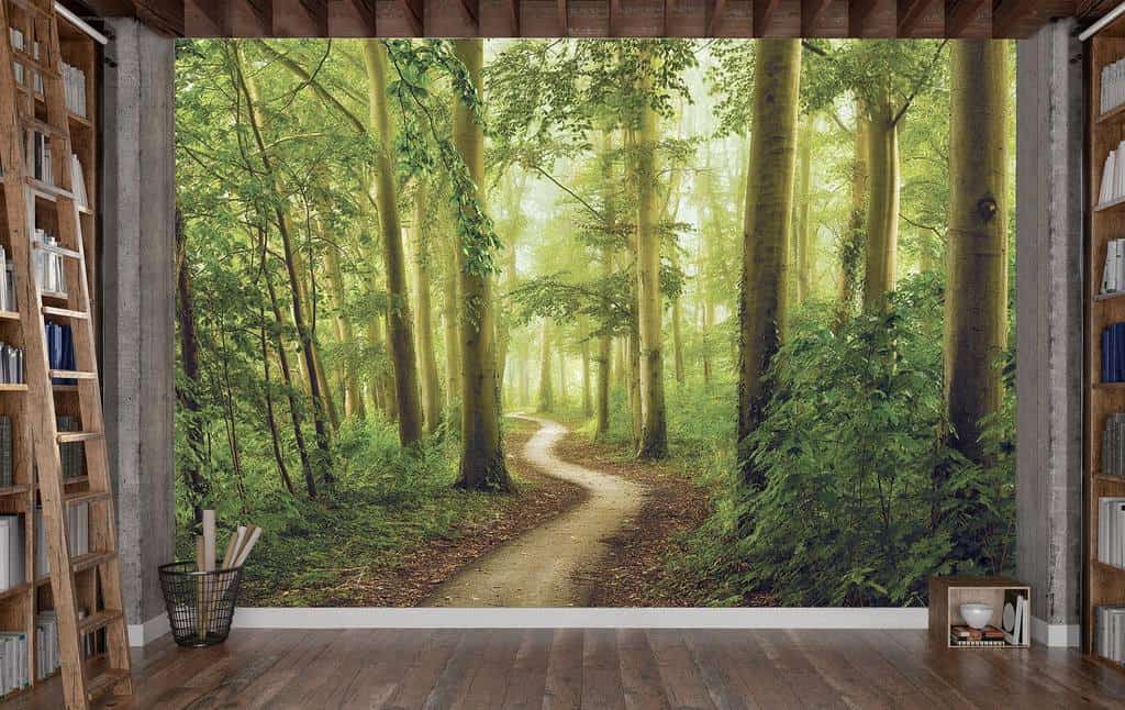 life-like forest wall mural library ladder