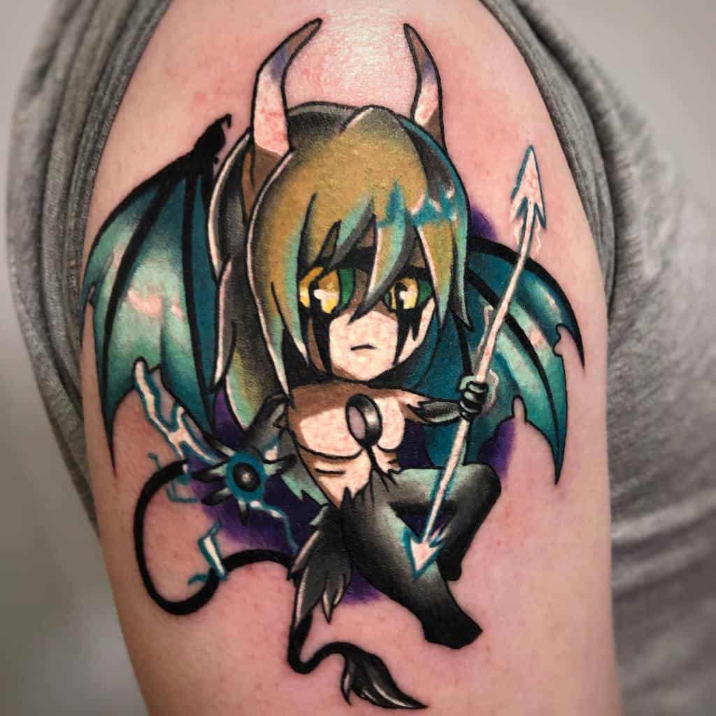Chibi-style color tattoo of Ulquiorra Cifer from Bleach in his Resurrección form, featuring horns, bat wings, a spear, and glowing green eyes 