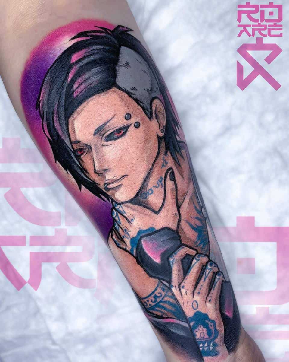 A vibrant, colorful tattoo of Uta from Tokyo Ghoul, showcasing his distinctive features, including tattoos, piercings, and red eyes, against a gradient purple background, capturing his mysterious and intense persona