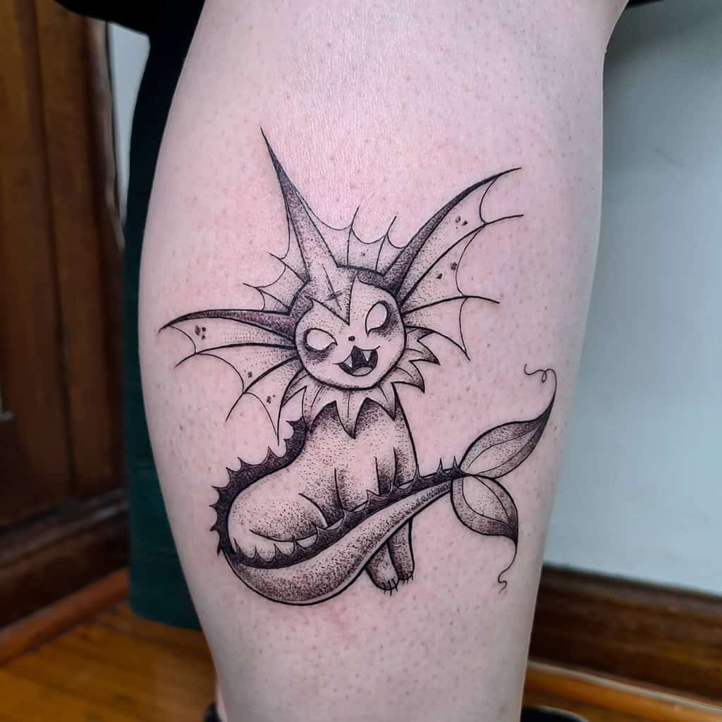 Elegant blackwork Vaporeon tattoo with intricate dot shading, sharp fins, and a graceful aquatic pose